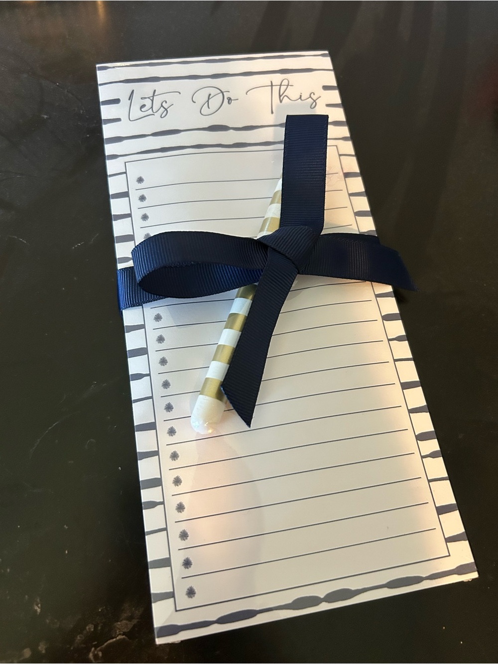 Lets Do This Navy Ribbon Notepad with Gold-Striped Pen